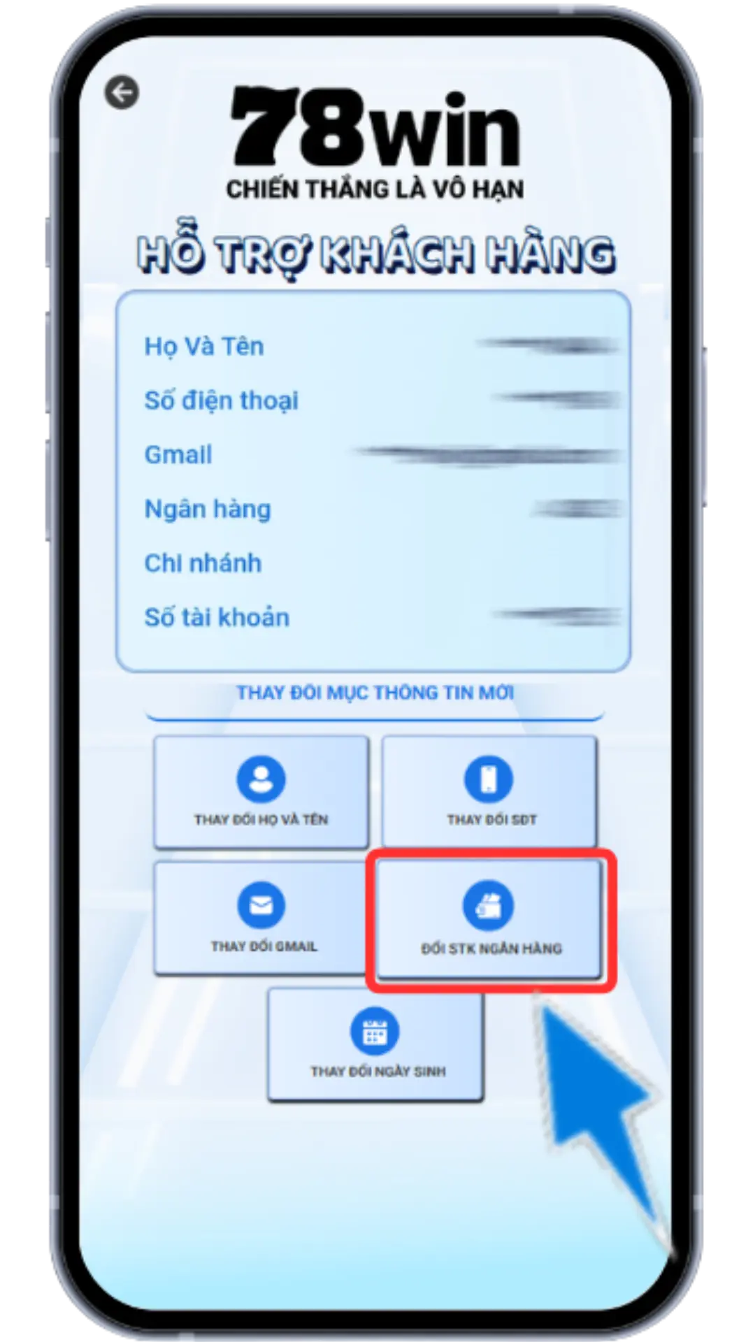 Bước 2 : Chọn mục Đổi SỐ TÀI KHOẢN ngân hàng 